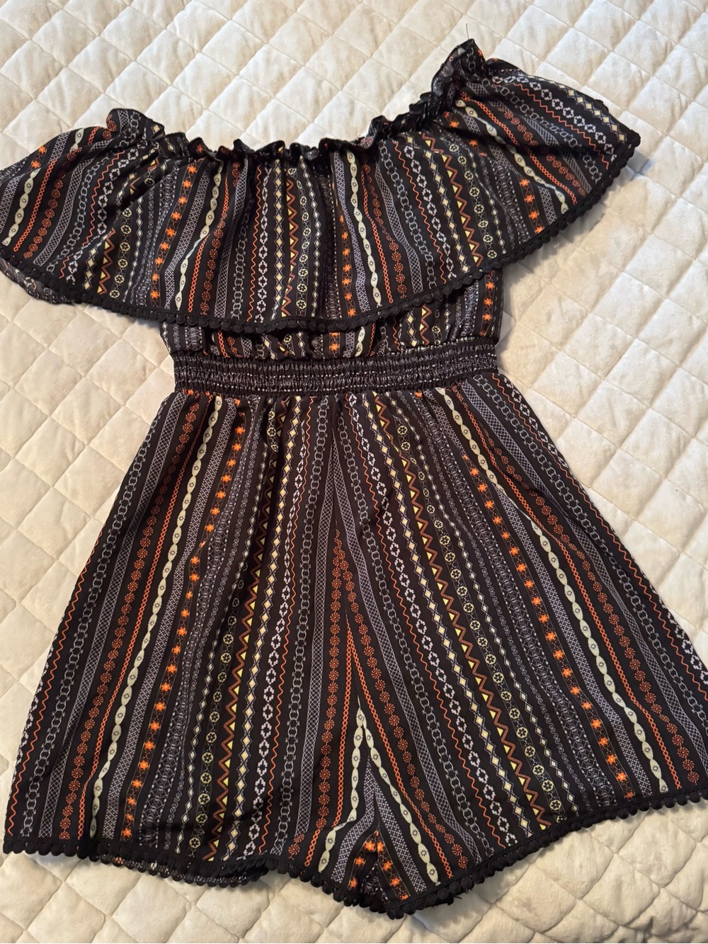 SHEIN Black Romper with Rust & Cream Patterned Stripes